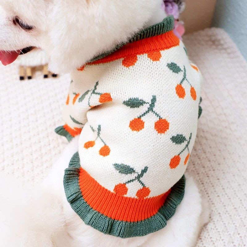 Dog Knitted Cardigan - Cute Cherry Print
